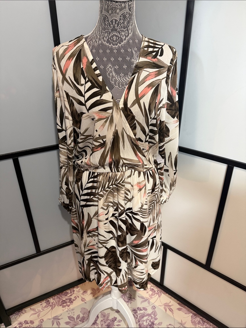 Cream Tropical-Print Long Sleeve Surplice Dress